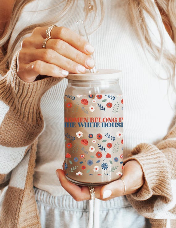 Women Belong in the White House Glass Tumbler - 16oz Iced Coffee Cup |  Clear Tempered Glass | Bamboo Lid & Straw Option, Vote, Election Day