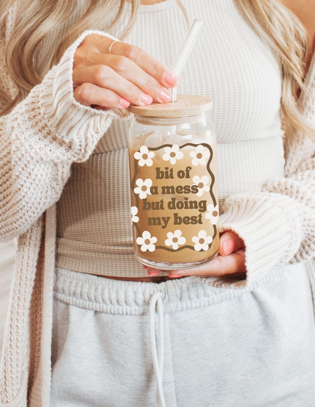 Bit of a Mess Iced Coffee Glass - 16oz Glass Tumbler | Daisy Pattern ...