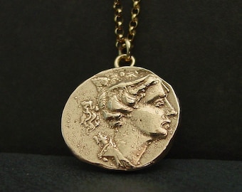 Artemis Necklace: Handcrafted Diana the Huntress Goddess Coin Pendant in Gold Bronze or Silver