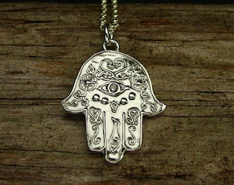Hamsa Necklace - Silver Hand of Fatima necklace - Hand Carved Pendant - Evil Eye necklace - Egyptian Jewelry
