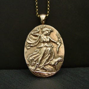 Artemis Cameo Necklace: Handcrafted Goddess Diana The Huntress Gold Bronze Pendant/ Gold Filled chain