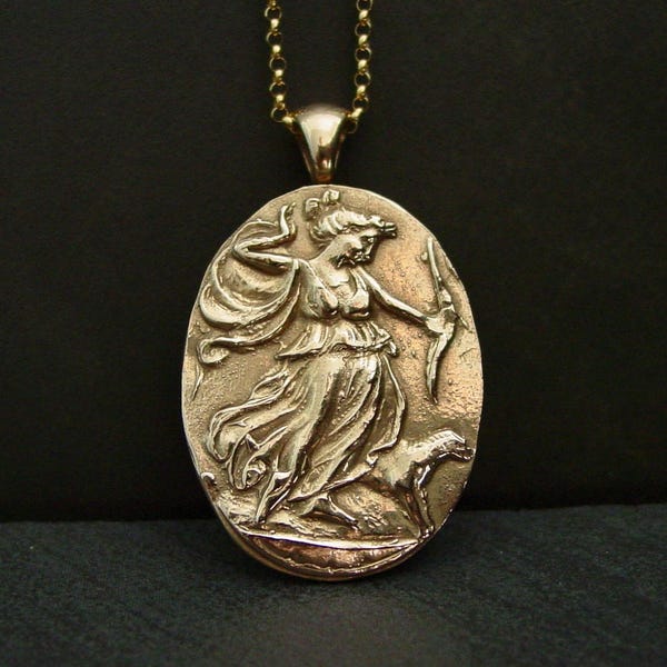 Artemis Cameo Necklace: Handcrafted Goddess Diana The Huntress Gold Bronze Pendant/ Gold Filled chain