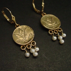 Etruscan Roman Earrings - Lotus Flower Earrings with Pearls - Byzantine Jewelry - Nymph Lotis