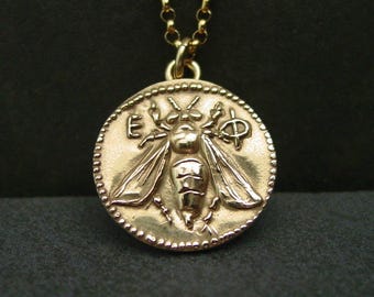 Honey Bee Necklace: Hand-carved Ancient Greek Coin Pendant - Honeybee Museum Replica