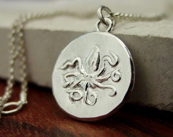 Small Octopus Necklace in Solid Sterling Silver or Vermeil: Hand Carved Kraken Coin Pendant