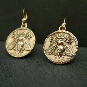 Hand-Carved Bee Coin Earrings: Ephesus Ancient Greek Artifact Museum Replica