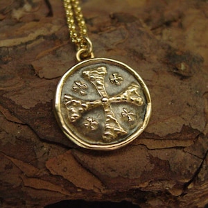 Hand Carved Jerusalem Cross Necklace: Bronze Knights Templar Pendant with 14k Gold Filled Chain