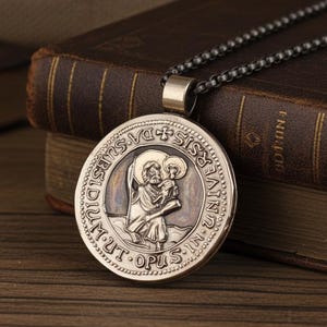 Hand Carved St Christopher Medal Necklace: Sterling Silver or Bronze