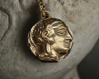 Athena Coin Necklace: Handcrafted Bronze Greek Goddess Pendant, 14k Gold Filled Chain