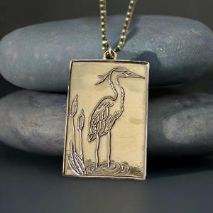 Heron Necklace Gold Bronze - Heron Jewelry with Reed - Hand Carved Heron Pendant
