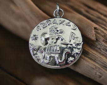 Abraxas Amulet Necklace - Hand Carved in Solid Sterling Silver Gnostic Symbol of Protection