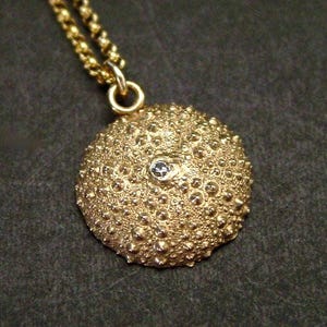A gold round sea urchin shell charm with lots of texture hanging from a thin gold Rolo style chain. In its center is a white sparkly clear stone. The necklace is dainty.