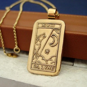 Hand Carved Moon Tarot Card Necklace: Wolf Howling Pendant, Gold Bronze