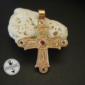 Byzantine Cross Necklace with Garnet and Sapphires - Hand Carved Medium Sized Medieval Cross Pendant - Museum Replica