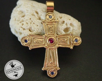 Medium Byzantine Cross Necklace with Garnet and Sapphires - Byzantine Jewelry - Medieval Cross - Museum Replica - Collier Croix