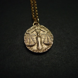Libra Necklace: Antiqued Bronze Zodiac Coin, Gold Filled Chain
