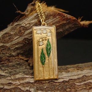 Lily of the Valley Art Deco Necklace - Hand Carved and Painted Cloisonne Pendant - Lily of the Valley Jewelry