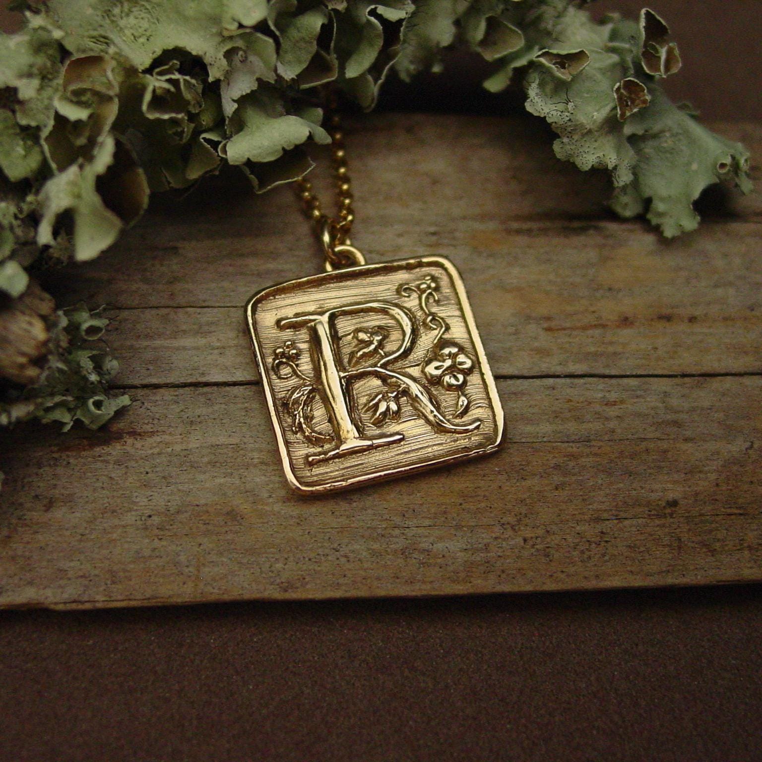 Hand-carved Gothic Letter “R” Initial Necklace – Gold, Bronze or Silver ...