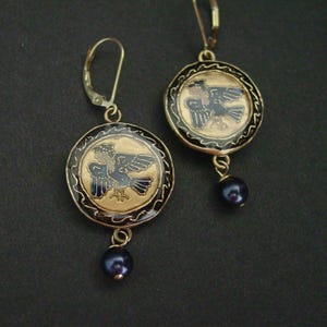 Hand Carved Harpy Siren Earrings: Cloisonne, Blue Pearl, 14k Gold Filled, Odyssey Inspired image 11