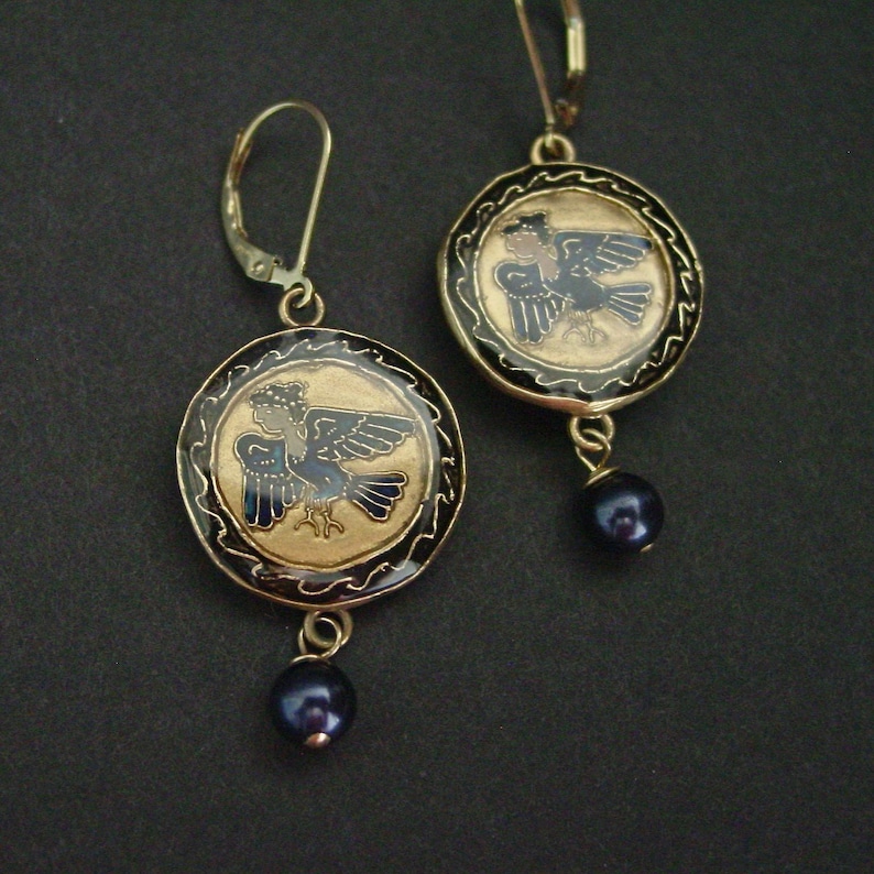 Hand Carved Harpy Siren Earrings: Cloisonne, Blue Pearl, 14k Gold Filled, Odyssey Inspired image 11