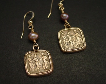 Odysseus and Penelope Earrings with Pearl - Intaglio Earrings - Museum Earrings - Odyssey - Ancient Rome - Greek Mythology