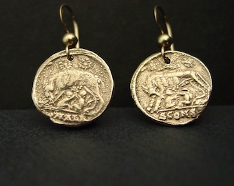 Romulus and Remus and She Wolf Roman Coin Earrings: Handcrafted Ancient Rome Museum Replica