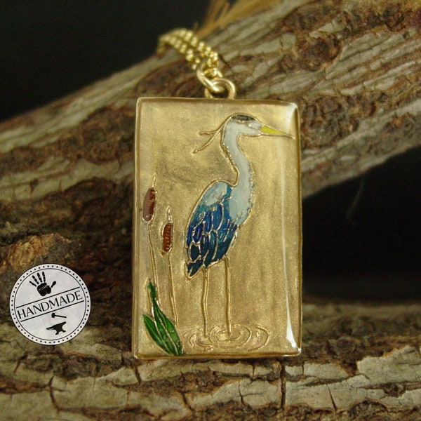 Heron Jewelry with Reed - Heron Necklace Hand Painted - Heron Pendant - Collier Oiseau Grue Avec Roseau