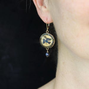 Hand Carved Harpy Siren Earrings: Cloisonne, Blue Pearl, 14k Gold Filled, Odyssey Inspired image 3