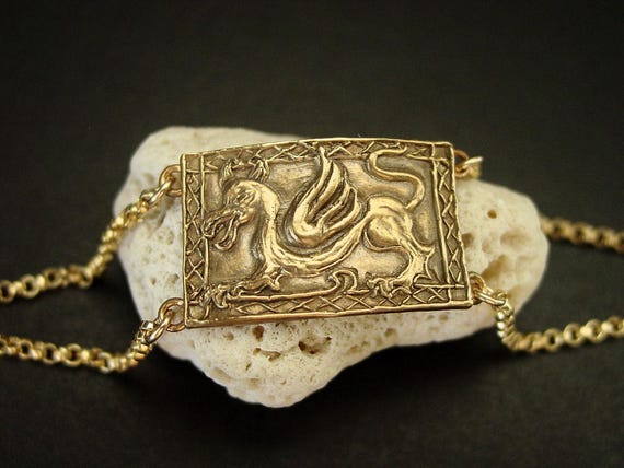 Wales Welsh Dragon Bracelet: Hand Carved Viking Jewelry With Gold Chain