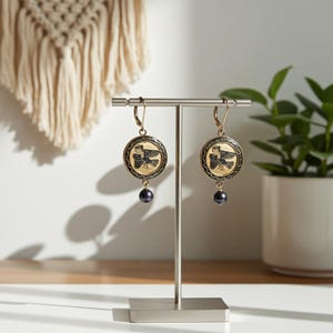 Hand Carved Harpy Siren Earrings: Cloisonne, Blue Pearl, 14k Gold Filled, Odyssey Inspired image 9