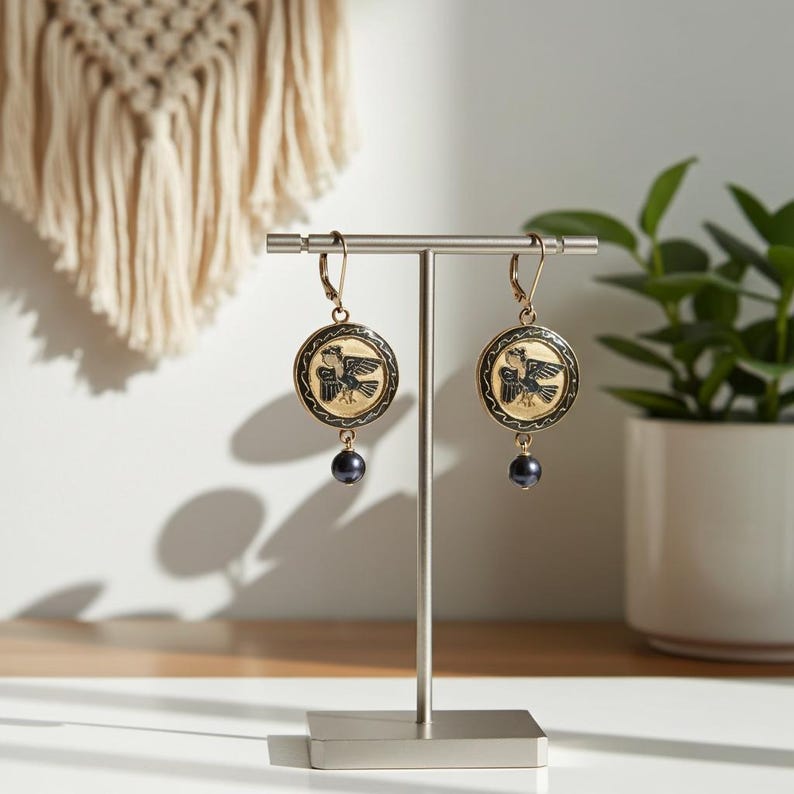 Hand Carved Harpy Siren Earrings: Cloisonne, Blue Pearl, 14k Gold Filled, Odyssey Inspired image 9