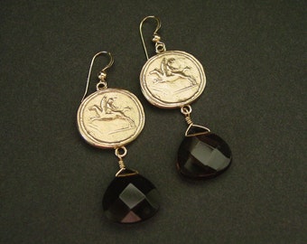 Pegasus and Eros Cameo Intaglio Chandelier Earrings with Smoky Quartz