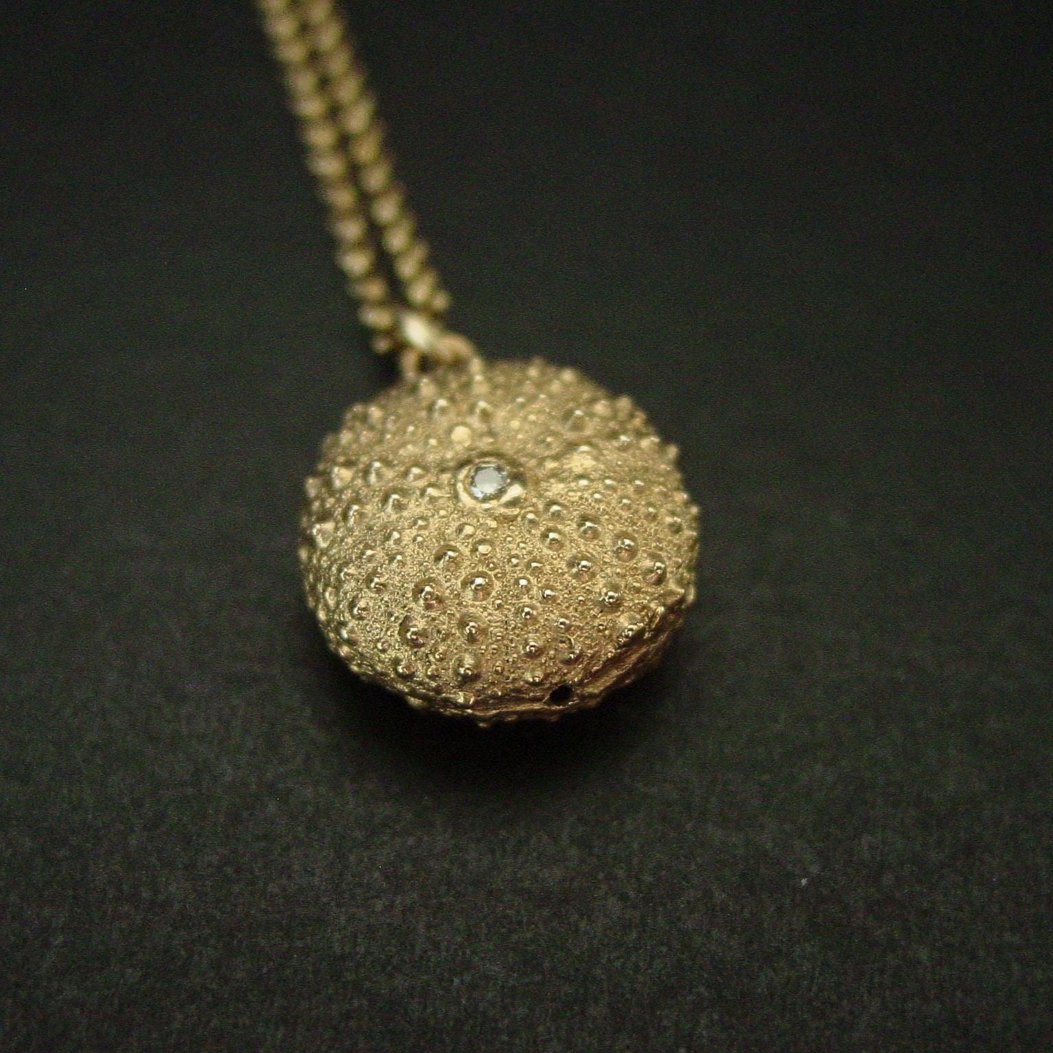 Handmade Double-Sided Sea Urchin Necklace with White Zirconium – Gold Bronze Ocean Jewelry on Gold Filled Chain – Beach Lover Gift