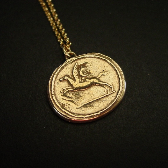 Pegasus & Eros Necklace - Handcrafted Gold Bronze Cameo Pendant 