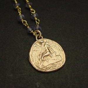 Nike Goddess of Victory Necklace with Iolite Stones - Ancient Greek Coin Necklace - Winged Victory Necklace - Greek Mythology