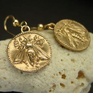 Bee Coin Earrings - Hand Carved Honey Bee - Inspired by Ephesus Ancient Greek Bee Coin