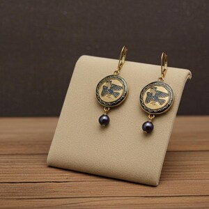 Hand Carved Harpy Siren Earrings: Cloisonne, Blue Pearl, 14k Gold Filled, Odyssey Inspired image 7