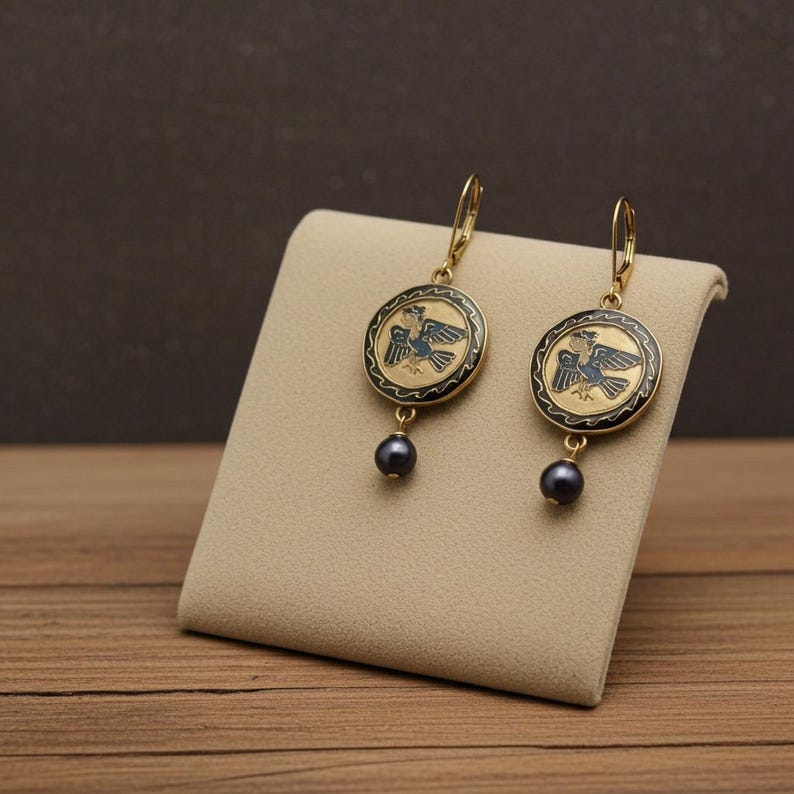 Hand Carved Harpy Siren Earrings: Cloisonne, Blue Pearl, 14k Gold Filled, Odyssey Inspired image 7
