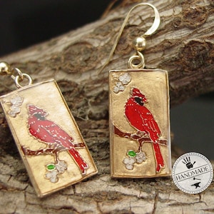 Small Red Cardinal Earrings - Hand Carved and Painted Cardinal Jewelry - Bird Earrings