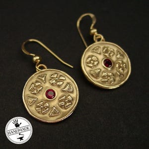 Byzantine Bronze Earrings with Garnet: Hand-Carved Flower Museum Replica Jewelry
