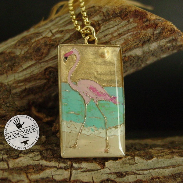 Pink Flamingo Necklace Hand Painted - Flamant Rose - Flamingo Jewelry