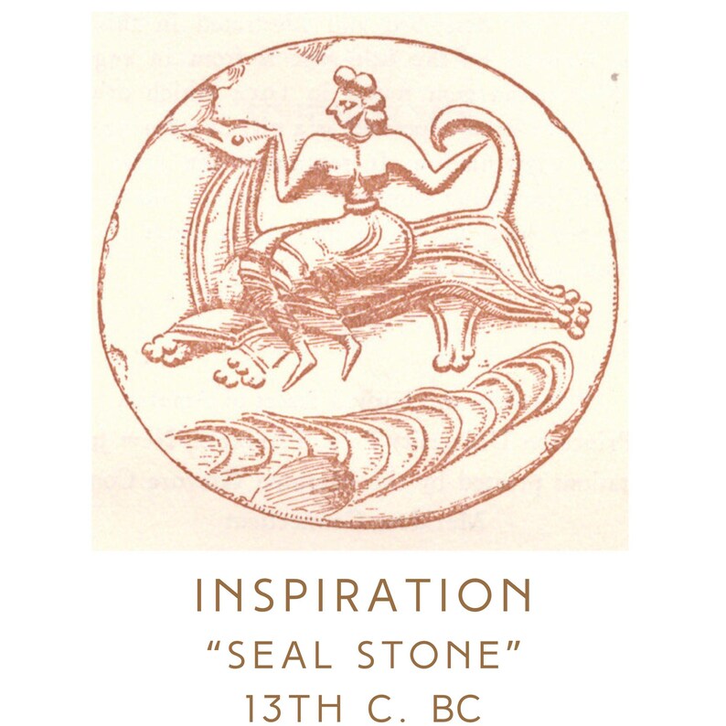 May include: A circular seal stone illustration in reddish-brown ink featuring a figure riding a mythical creature above stylized waves. Below the image, the text reads: INSPIRATION "SEAL STONE" 13TH C. BC. The design is rendered in a simple line art style.