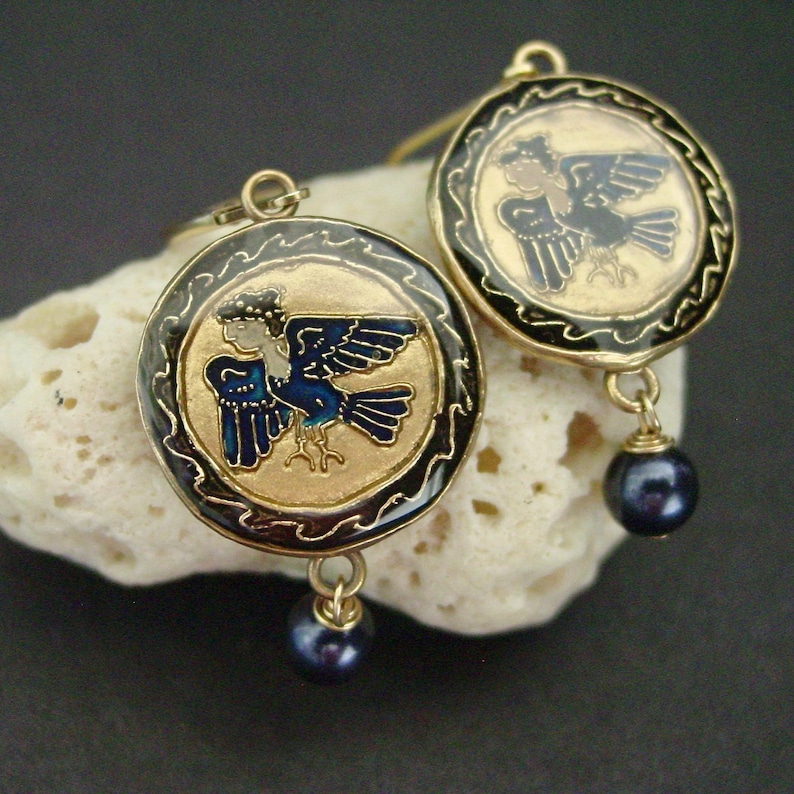 Hand Carved Harpy Siren Earrings: Cloisonne, Blue Pearl, 14k Gold Filled, Odyssey Inspired image 5