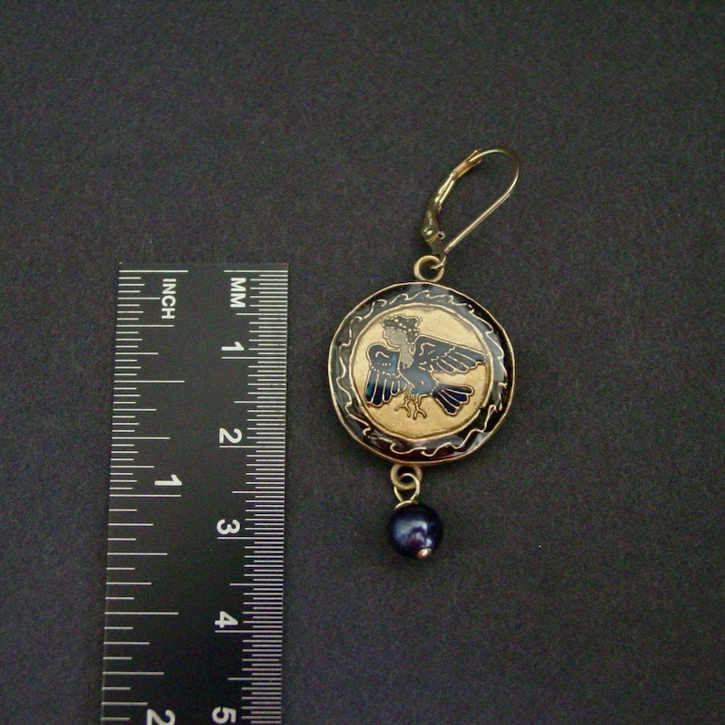 Hand Carved Harpy Siren Earrings: Cloisonne, Blue Pearl, 14k Gold Filled, Odyssey Inspired image 10