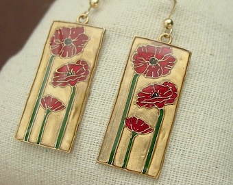 Pendientes de amapola oriental roja - Flor de cloisonné Art Déco de Mackintosh pintada a mano