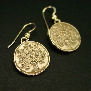 Small Peacock Earrings - Hand Carved Peacock Jewelry - Bird Earrings - Peacock Coin Earrings - Hera Earrings - Paon - Pfau