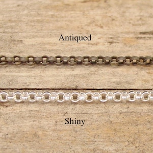 Solid Sterling Silver Rolo Chain Necklace with Lobster Claw Clasp - Antiqued Or Shiny Finish