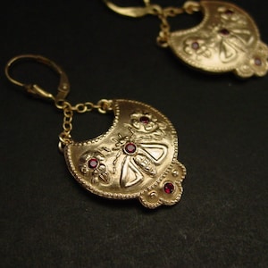 Byzantine Flowers and Bee Earrings - Hand Carved Moon Shaped Earrings with Garnets - Red and Gold Earrings