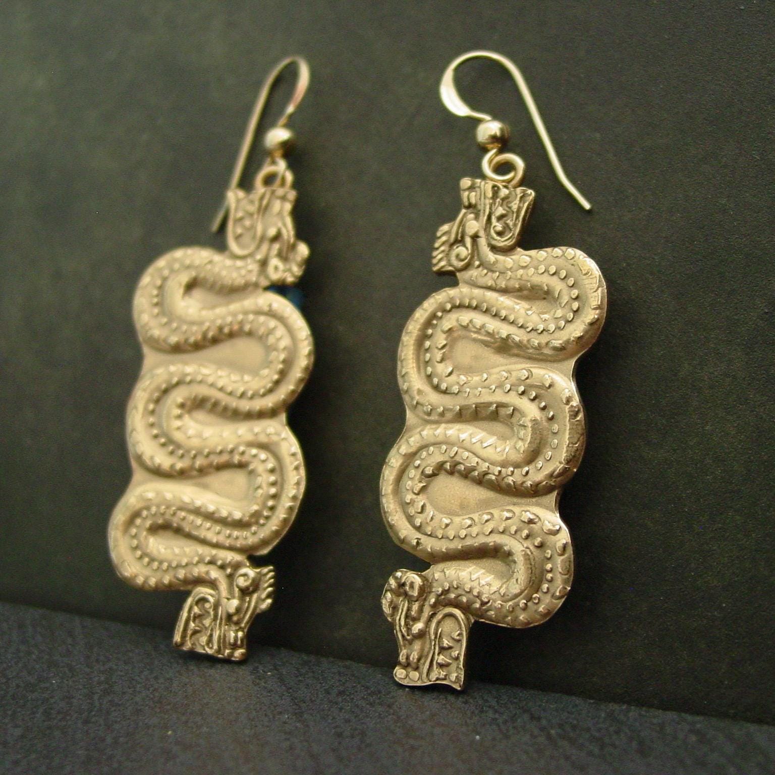 Quetzalcoatl Aztec Two Headed Plumed Serpent Earrings: Hand Carved