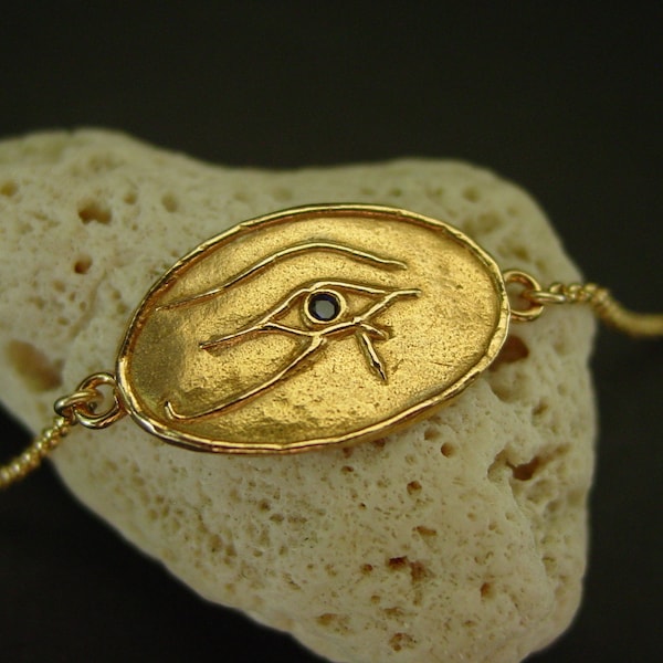 Bracelet Oeil d'Horus avec saphir - Bracelet Oeil de Ra - Bracelet symbole de protection de l'Egypte ancienne - Bracelet égyptien - Sculpté à la main